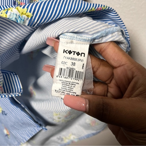 Koton Women Dress Small Blue Floral Stripe Poplin Preppy Sleeveless Cotton - Picture 9 of 9